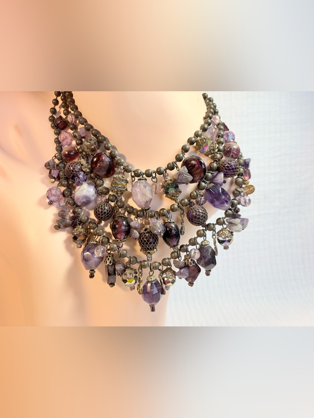 Vtg Chico's Women 3 Strand  Purple Amethyst? Beaded Bib Statement Necklace